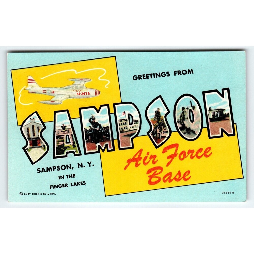 Vintage Sampson Air Force Base NY Curt Teich Chrome Postcard Jet Airplane